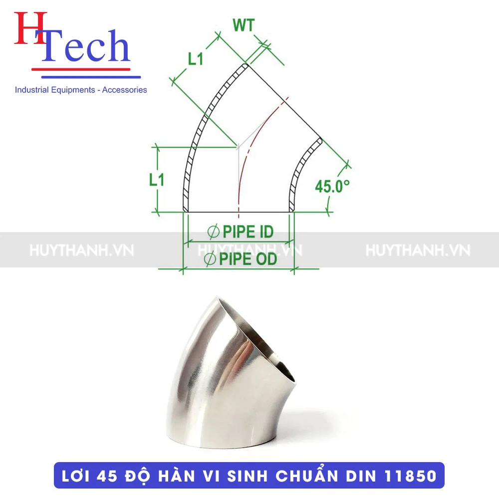 Lơi 45 Độ Hàn 28×1.5mm Vi Sinh Hệ DIN 11850 Inox 304/316L