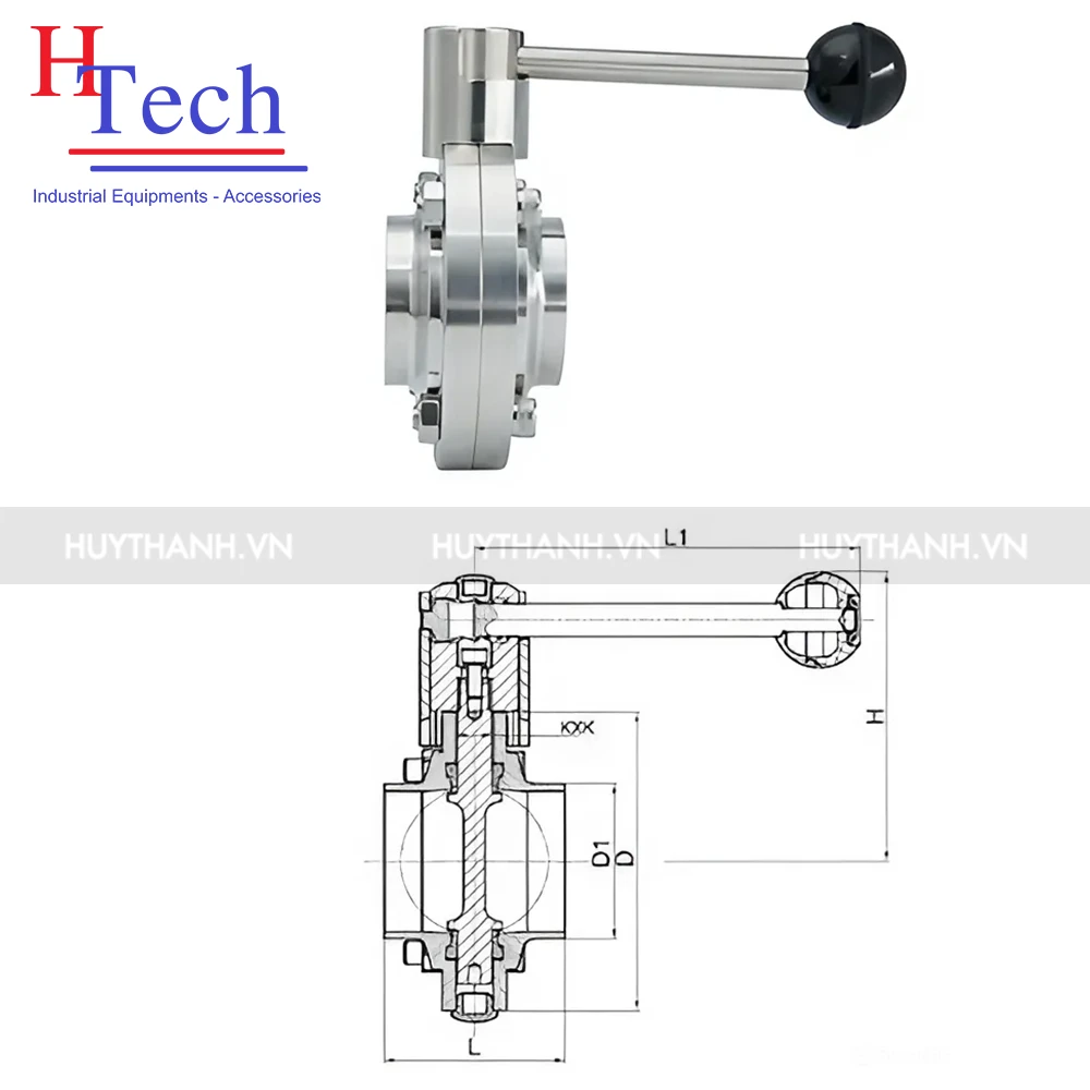 Van Bướm Tay Rút Vi Sinh Nối Hàn DN65 Inox 304/316L Hệ DIN